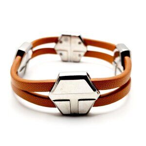Tory Burch Silver Tone Logo Emblem Brown Leather Strap Bracelet